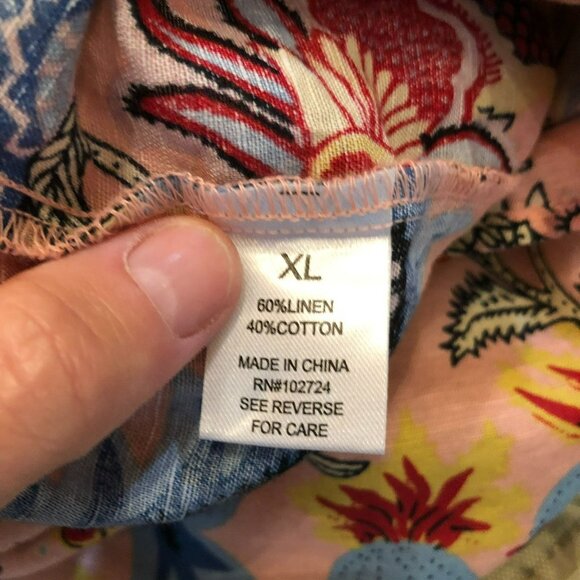 Linen Blend Hester & Orchard Size XL 3/4 sleeve Pink Floral Boho Top Shirt - Picture 8 of 10